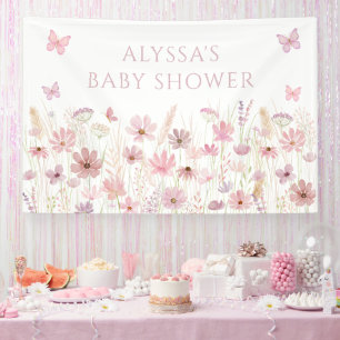 Roze Vlinder Wilde Bloemen Baby Shower Spandoek