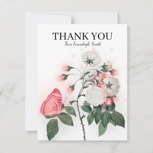 Roze Vlinder Witte Rozen Dank Je Notitiekaartje (Voorkant)