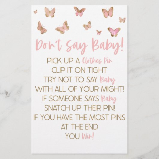 Roze vlinder Zeg geen Baby shower spel Briefpapier (Voorkant)