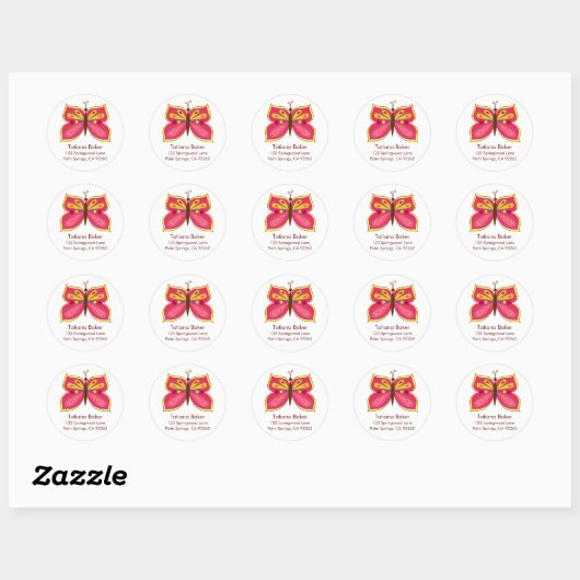 Roze vlinderAdresetiketten Ronde Sticker (Vel)