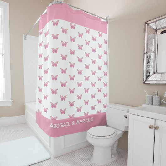 Roze vlinderbad douchegordijn (In situ)