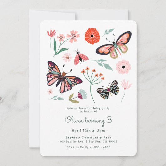 Roze vlinderbloembloemenuitnodiging kaart (Voorkant)