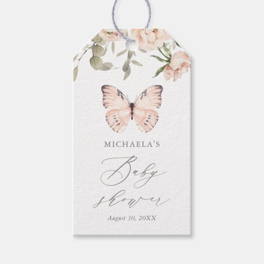 Roze vlinderbloemig Baby shower Cadeaulabel (Voorkant)