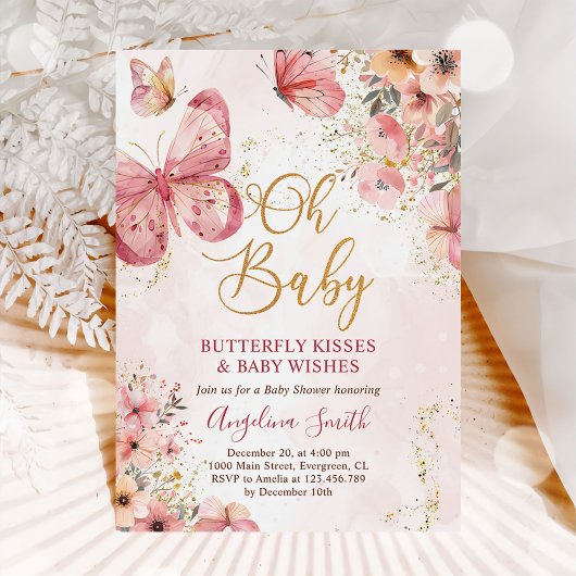 Roze vlinderbloemig Baby shower Kaart