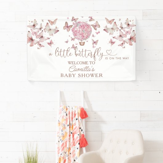 Roze vlinderbloemig Baby shower Spandoek (Insitu)