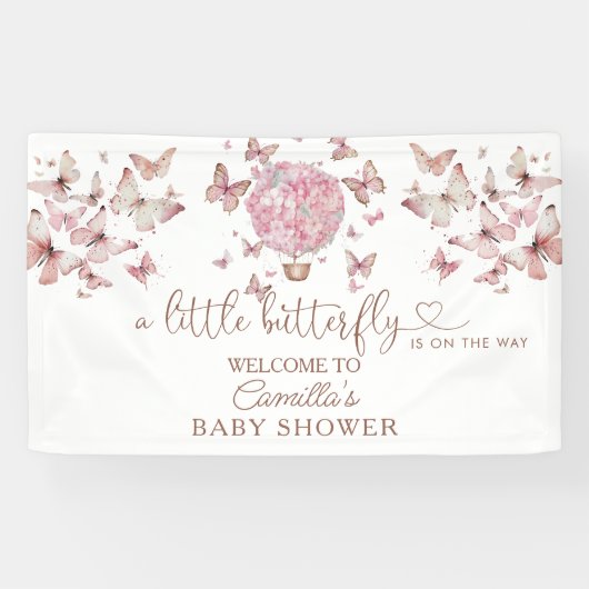 Roze vlinderbloemig Baby shower Spandoek (Horizontaal)