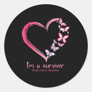 Roze vlinderhart Ik ben een overlevende borstkanke Ronde Sticker