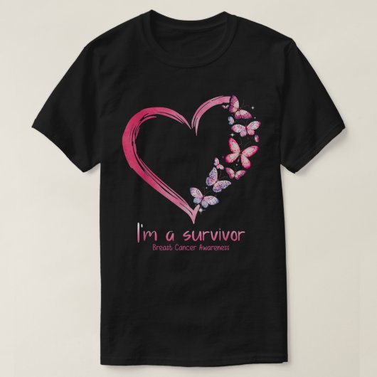 Roze vlinderhart Ik ben een overlevende borstkanke T-shirt (Design voorkant)