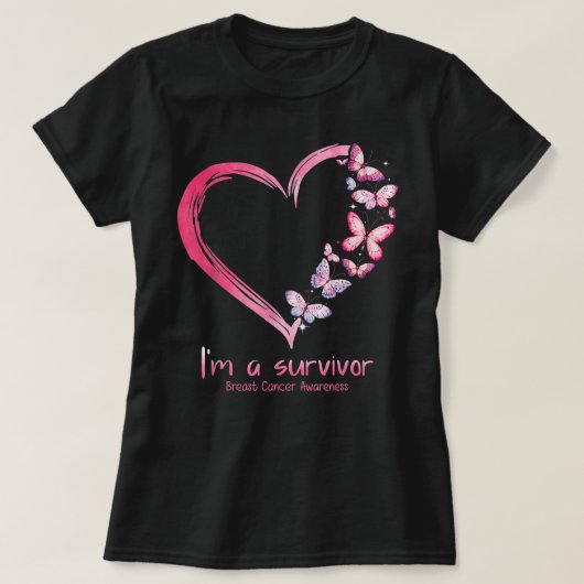 Roze vlinderhart Ik ben een overlevende borstkanke T-shirt (Design voorkant)