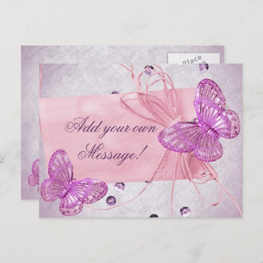 roze vlinderontwerp briefkaart (Voorkant / Achterkant)