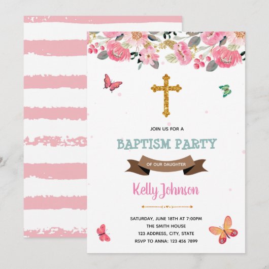 Roze vlinderpartij Uitnodiging (Voorkant / Achterkant)