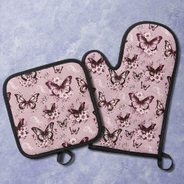 Roze vlinderpatroon ovenwant & pannenlap set