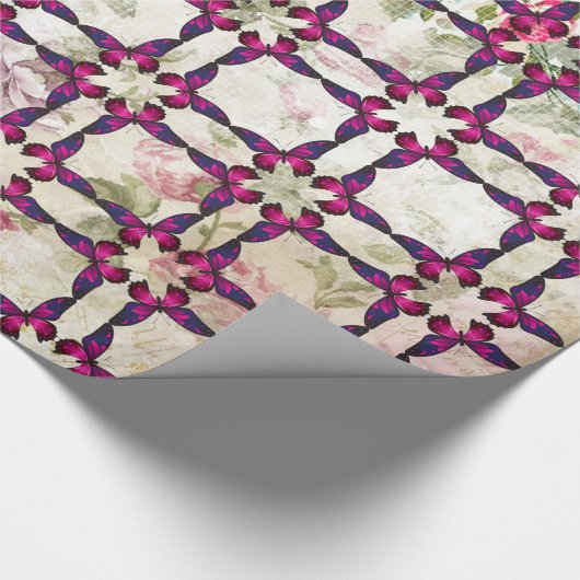 Roze vlinderpatroonpatroon op  Rozen van Shabby Cadeaupapier (Hoek)