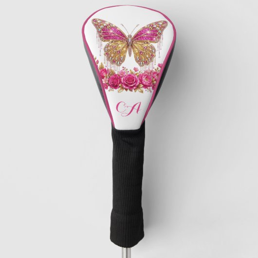 Roze Vlinderrozen Glam Gepersonaliseerd Ontwerp Golfheadcover (Voorkant)