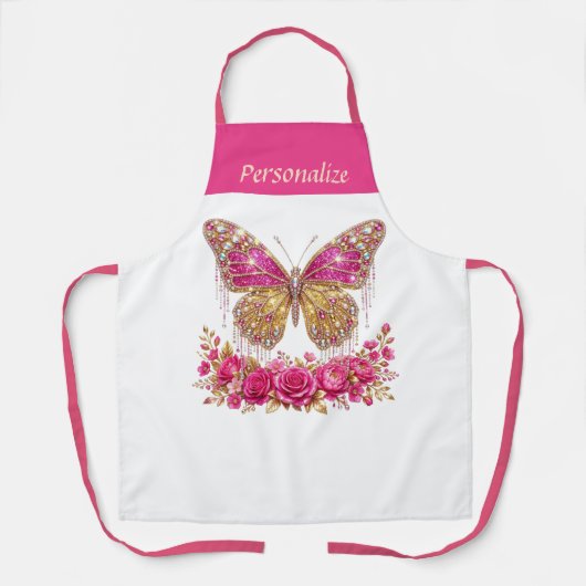 Roze Vlinderrozen Gouden Persoonlijke Ontwerp Schort (Voorkant)