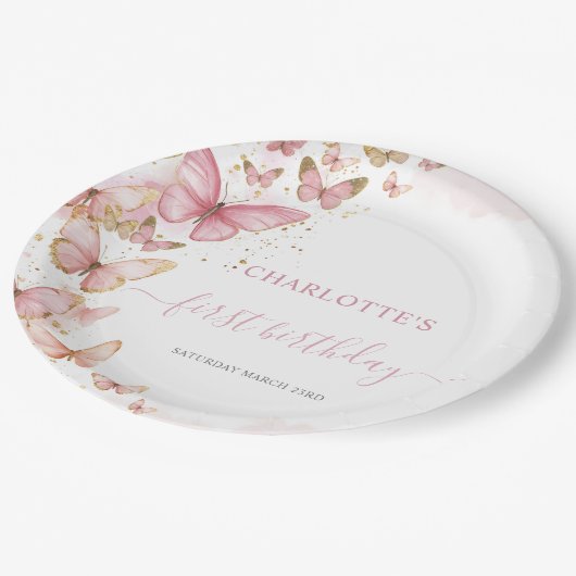  roze vlinders 1e 2e 3e 5e verjaardag papieren bordje (Gekanteld)