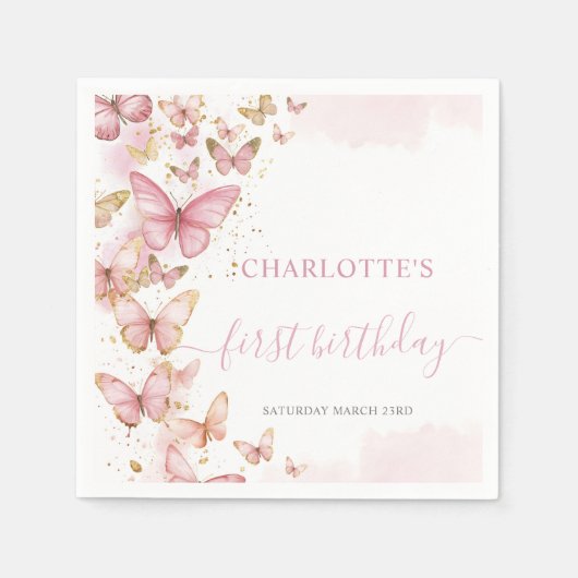 roze vlinders 1e 2e 3e 5e verjaardag servet (Voorkant)