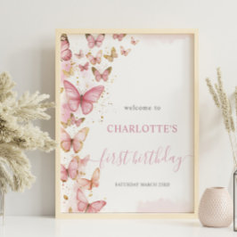  Roze Vlinders 1e Eerste Verjaardag Welkom Poster