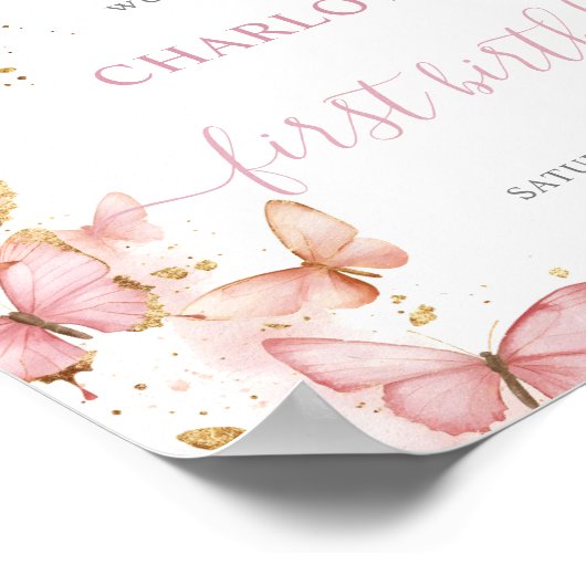  Roze Vlinders 1e Eerste Verjaardag Welkom Poster (Hoek)