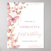 Roze Vlinders 1e Eerste Verjaardag Welkom Poster (Voorkant)