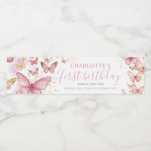  Roze Vlinders 1e Verjaardag Sweet 16 XV Waterfles Etiket (Enkel label)