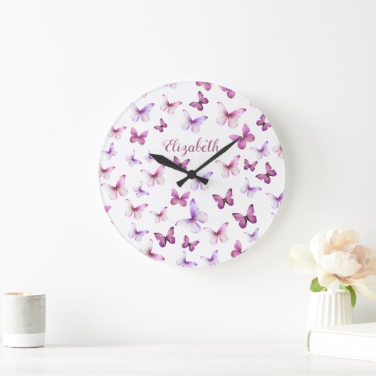 Roze Vlinders Aangepaste Naam Grote Klok (Huis)