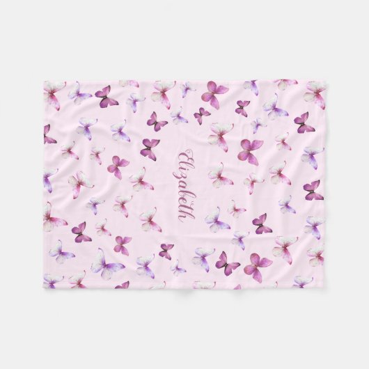  Roze Vlinders Aangepaste Naam Meisje Fleece Deken (Voorkant (Horizontaal))