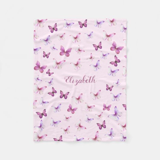 Roze Vlinders Aangepaste Naam Meisje Fleece Deken (Voorkant)