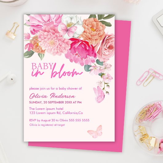 Roze Vlinders Baby in Bloom floral Baby shower Kaart