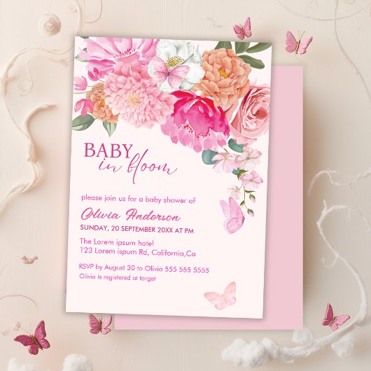Roze Vlinders Baby in Bloom floral Baby shower Kaart
