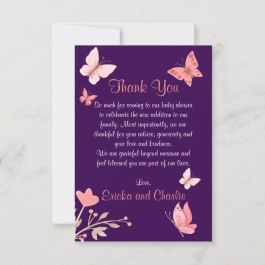 Roze Vlinders Bloemen Paarse Baby shower Bedankkaart (Voorkant)
