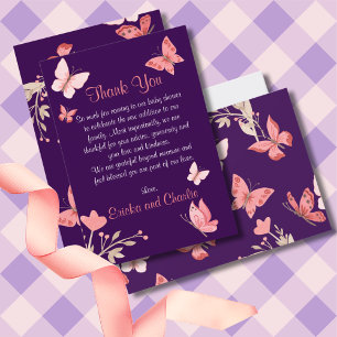 Roze Vlinders Bloemen Paarse Baby shower Bedankkaart