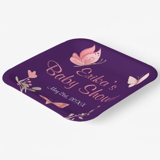 Roze Vlinders Bloemen Paarse Baby shower Papieren Bordje (Gebogen)