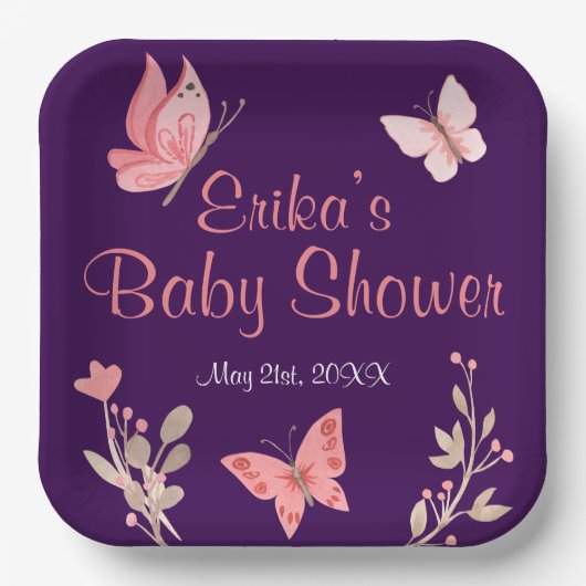 Roze Vlinders Bloemen Paarse Baby shower Papieren Bordje (Voorkant)