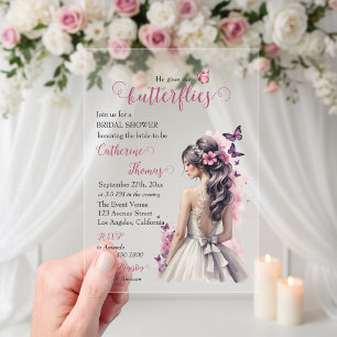 Roze Vlinders Bloemen Trouwjurk Bruidsfeest Acryl Uitnodigingen