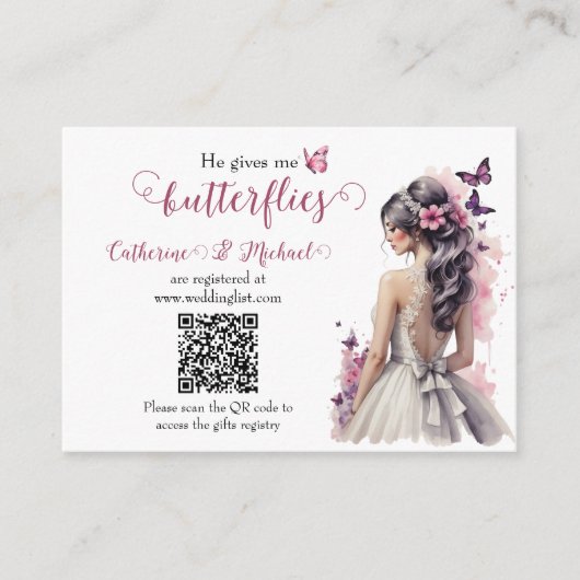 Roze Vlinders Bloemen Trouwjurk Vrijgezellenfeest Informatiekaartje (Voorkant)