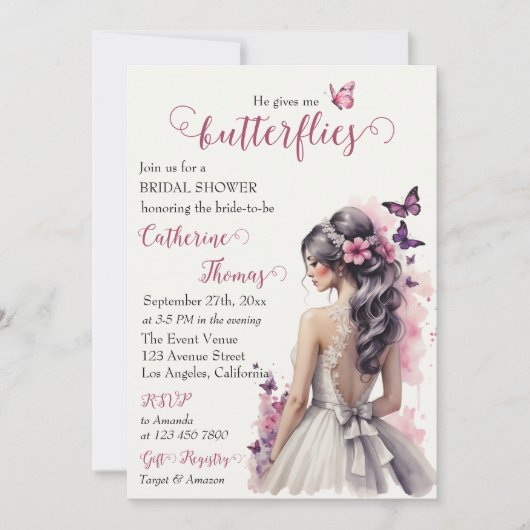 Roze Vlinders Bloemen Trouwjurk Vrijgezellenfeest Kaart (Voorkant)