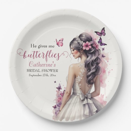 Roze Vlinders Bloemen Trouwjurk Vrijgezellenfeest Papieren Bordje (Voorkant)