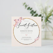 Roze Vlinders Boho Goud Lijst Girly Sweet 16 Kaart (Staand voorkant)