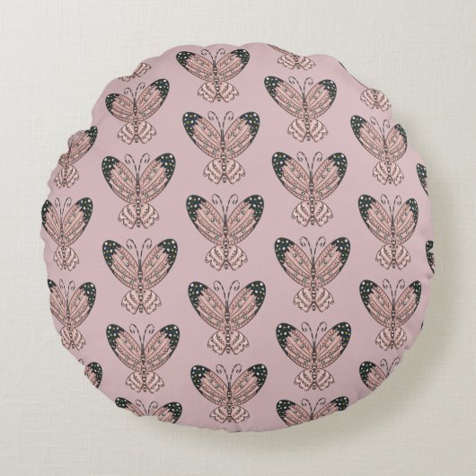 Roze Vlinders Boho Handgetekende Kunst Rond Kussen (Voorkant)