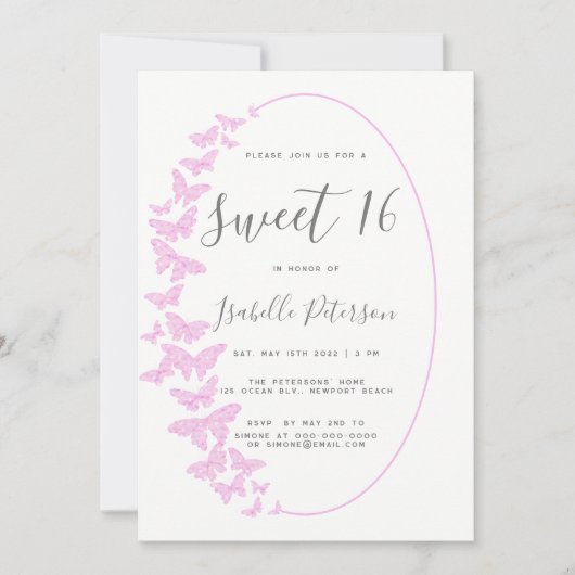 Roze Vlinders Boho Lijst Elegant Chique Sweet 16 Kaart (Voorkant)