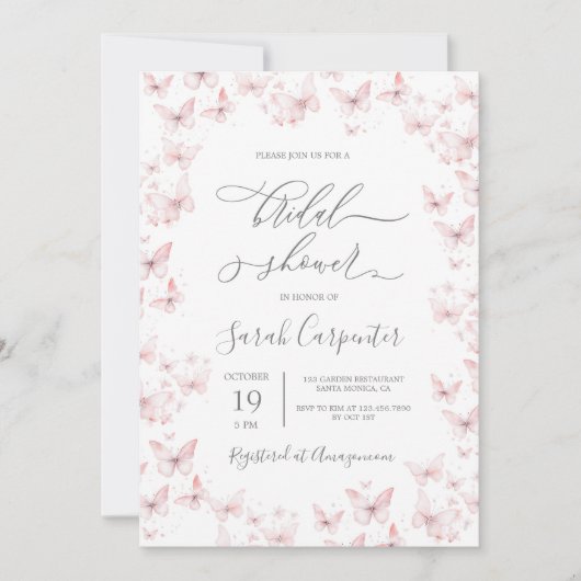 Roze Vlinders Bruids Douche Uitnodiging (Voorkant)