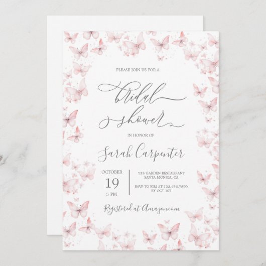 Roze Vlinders Bruids Douche Uitnodiging (Voorkant / Achterkant)