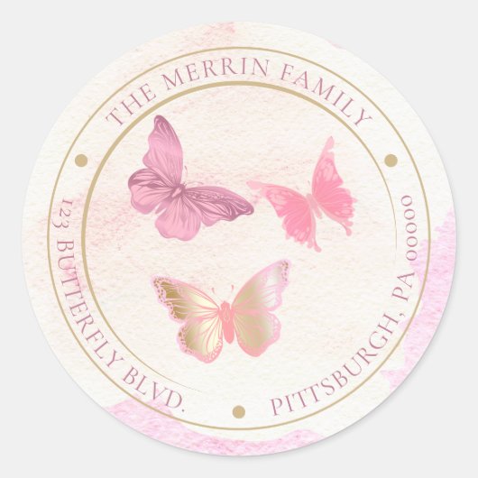 Roze Vlinders Cirkel Retouradres Ronde Sticker (Voorkant)