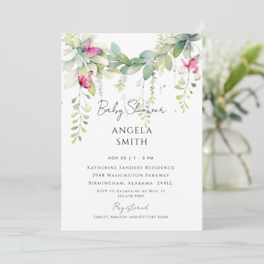 Roze Vlinders Dripping Foliage Baby shower Kaart (Staand voorkant)