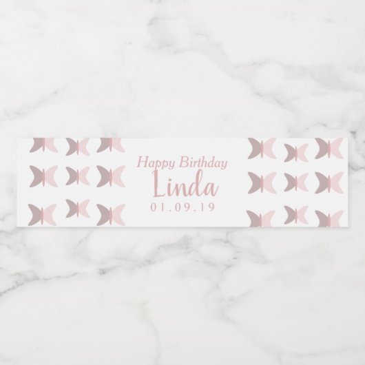 Roze Vlinders Eenvoudig Gelukkig Verjaardag Waterfles Etiket (Enkel label)