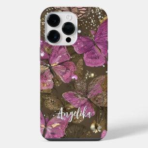 Roze Vlinders en Bloemen Gepersonaliseerde Naam iPhone 14 Pro Max Hoesje