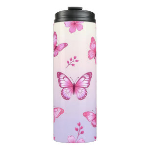Roze vlinders en bloemenpatroon thermosbeker