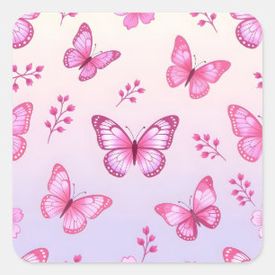 Roze vlinders en bloemenpatroon vierkante sticker