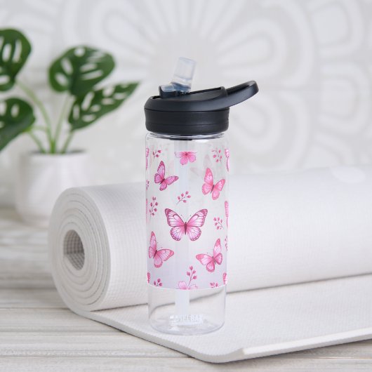 Roze vlinders en bloemenpatroon waterfles (Links)